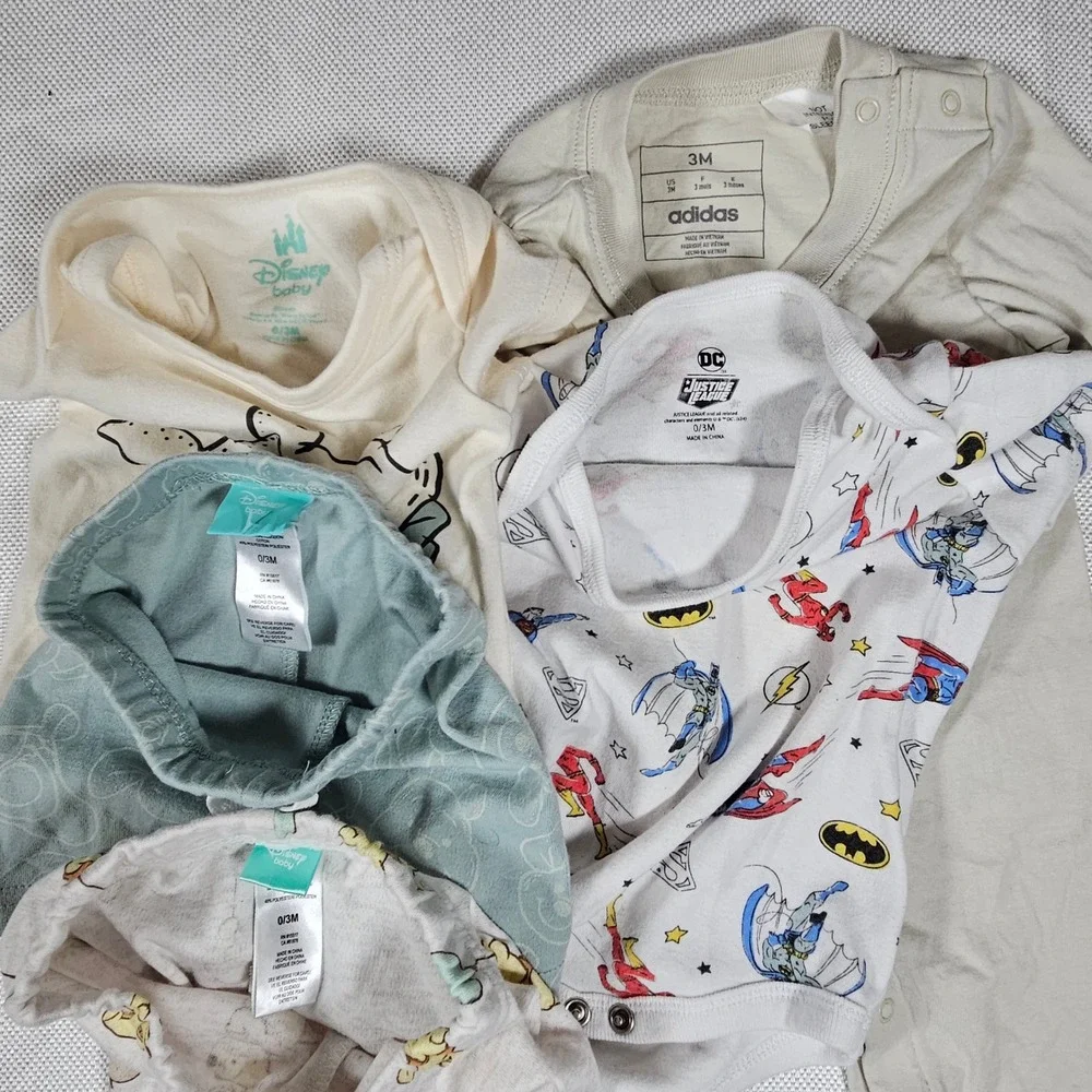 Baby Clothes Lot 0-3M Disney Winnie‎ Pooh Adidas Romper DC Justice League 5pc
